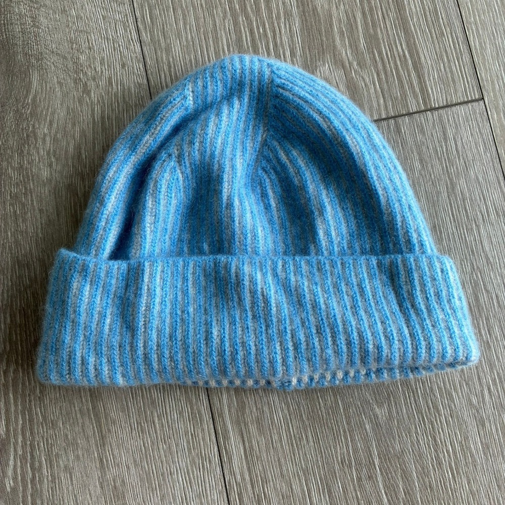 J.Crew Blue Striped 100% Cashmere Ribbed Beanie Hat Knit Cap